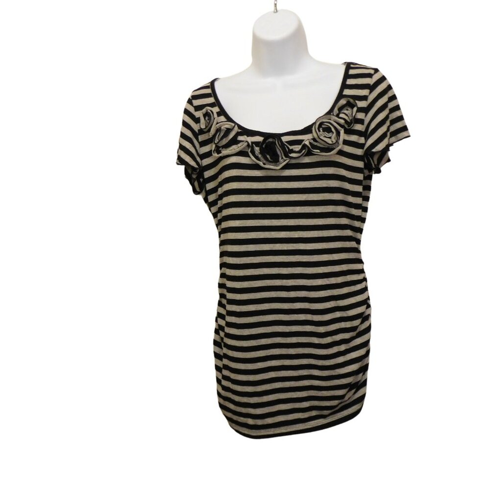 Women's AB Studio Gray/Black Striped Shirt Sz. M Short Sleeve